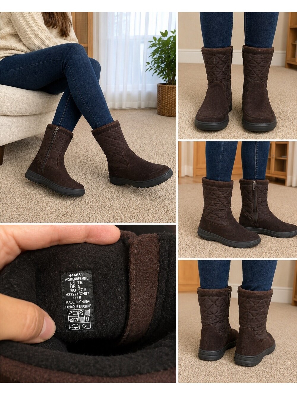 Lands' End Brown Suede Quilted Side-Zip Winter Boots - Women's 7B